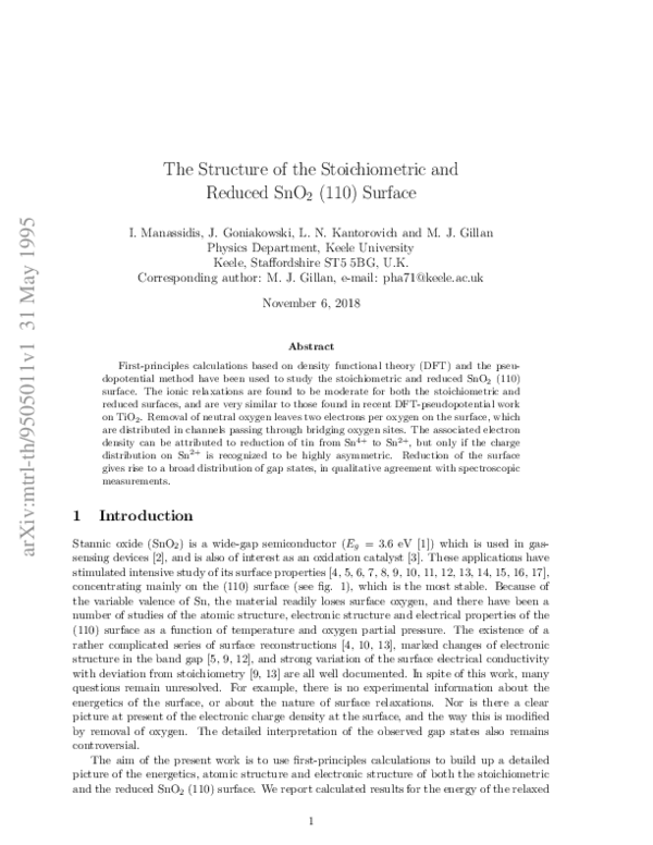 (PDF) The structure of the stoichiometric and reduced SnO2(110) surface