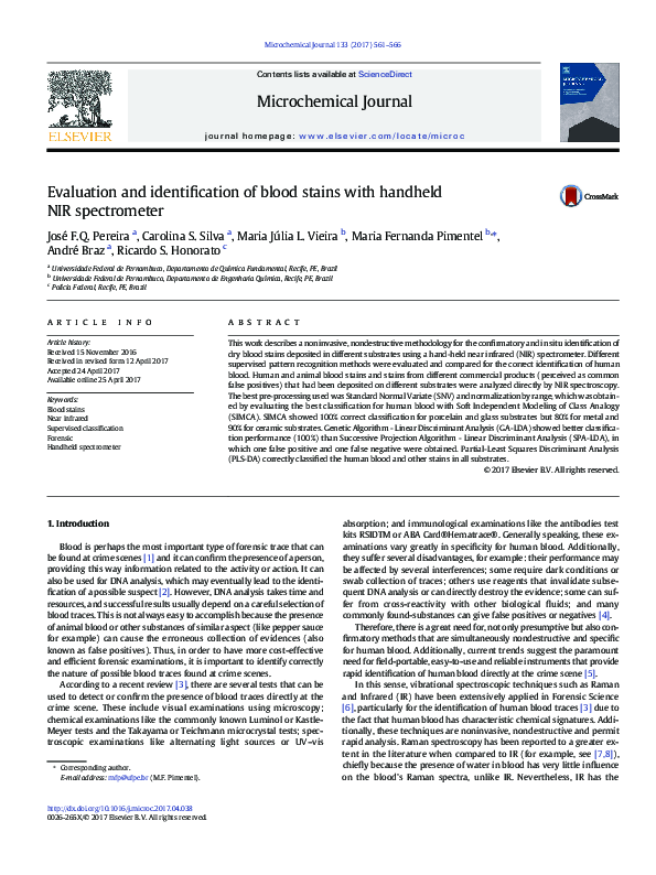 (PDF) Evaluation and identification of blood stains with handheld NIR ...