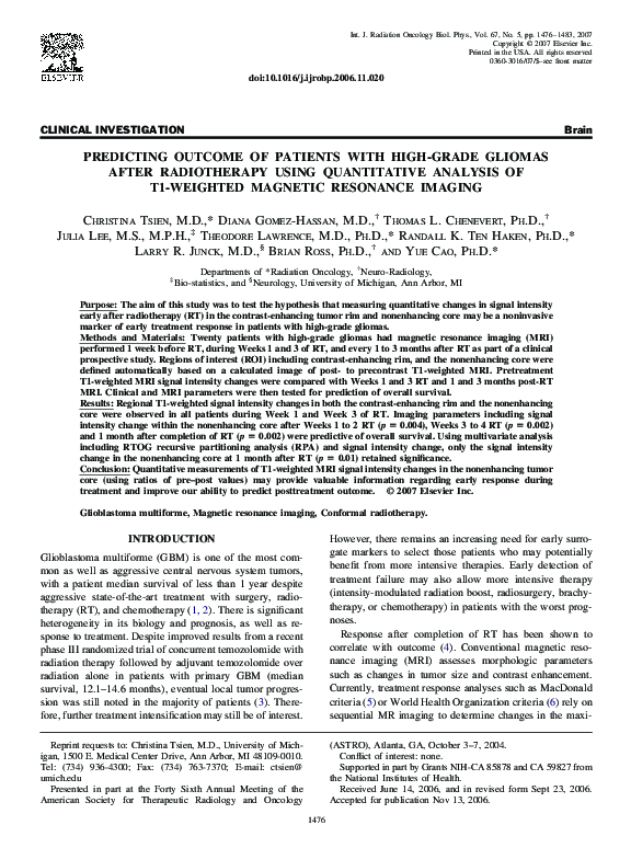(PDF) Predicting Outcome of Patients with High-grade Gliomas After ...