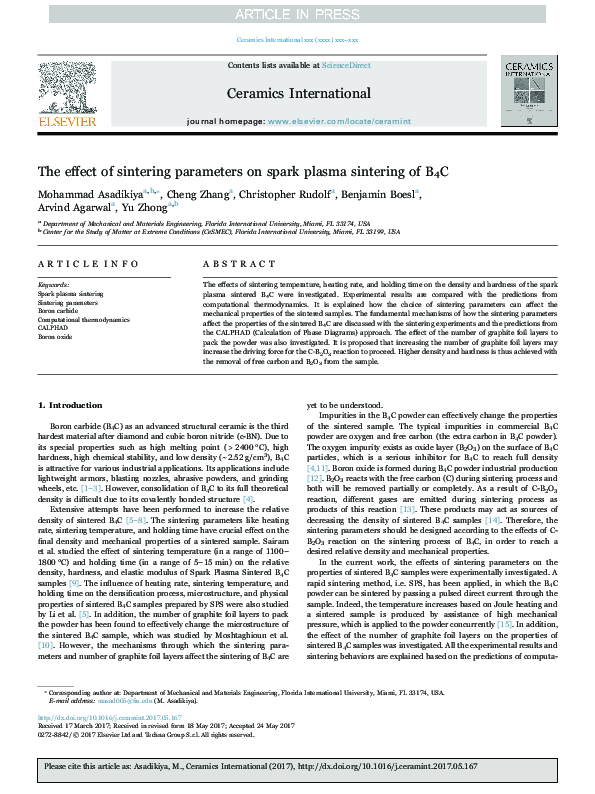 (PDF) The effect of sintering parameters on spark plasma sintering of B4C