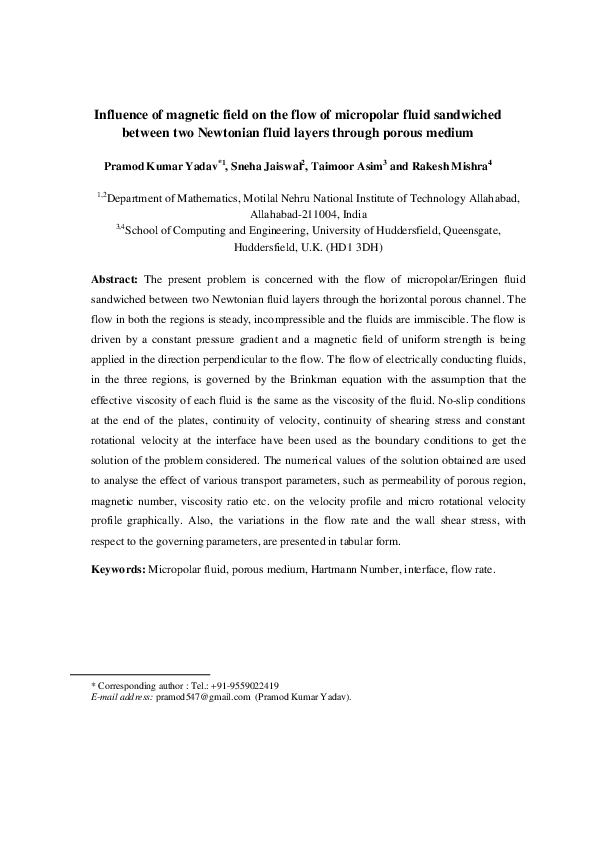 (PDF) Influence of a magnetic field on the flow of a micropolar fluid ...