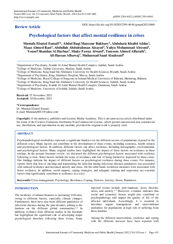 (PDF) Psychological factors that affect mental resilience in crises