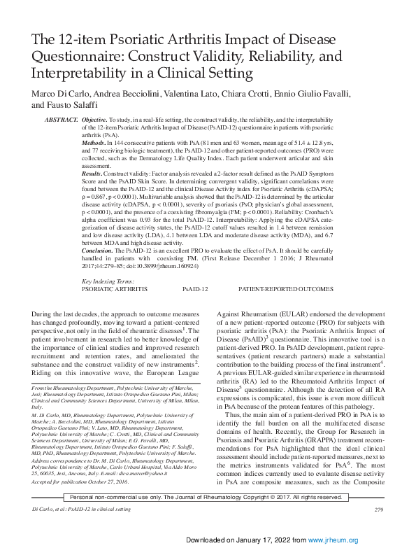 (PDF) The 12-item Psoriatic Arthritis Impact of Disease Questionnaire ...