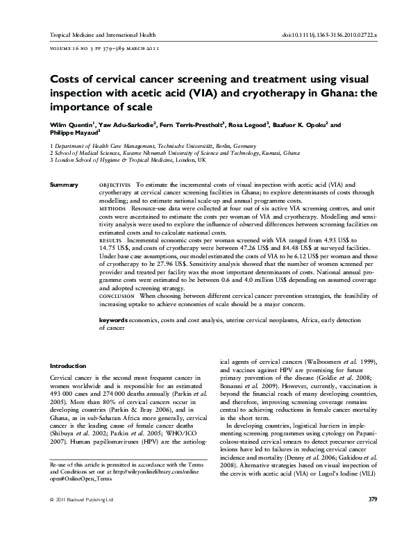 (PDF) Costs of cervical cancer screening and treatment using visual