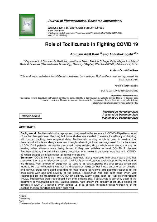 (PDF) Role of Tocilizumab in Fighting COVID 19