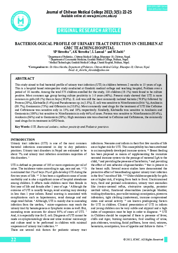 (PDF) Bacteriological Profile of Urinary Tract Infection of Children at ...