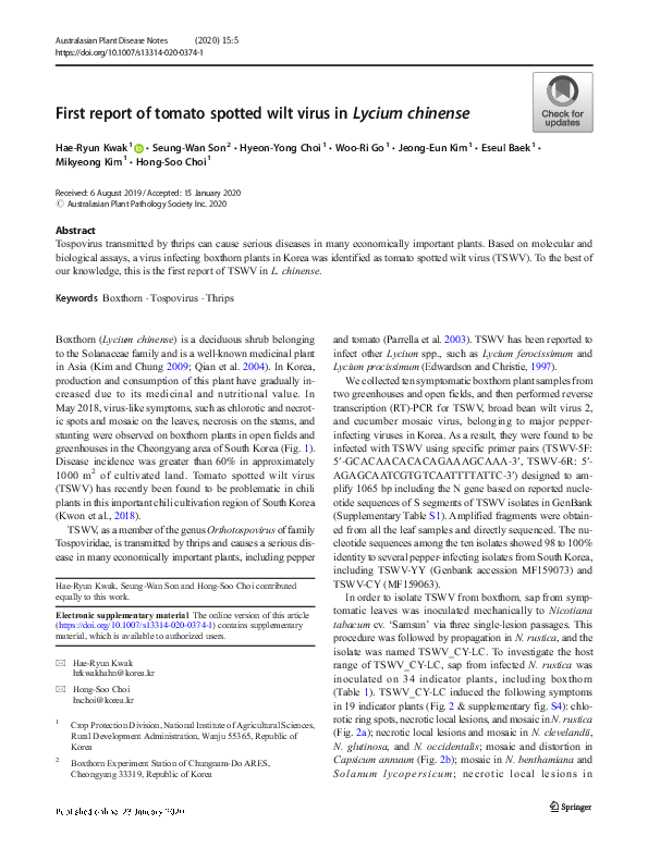(PDF) First report of tomato spotted wilt virus in Lycium chinense