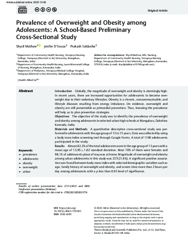 (PDF) Prevalence of Overweight and Obesity among Adolescents: A School ...