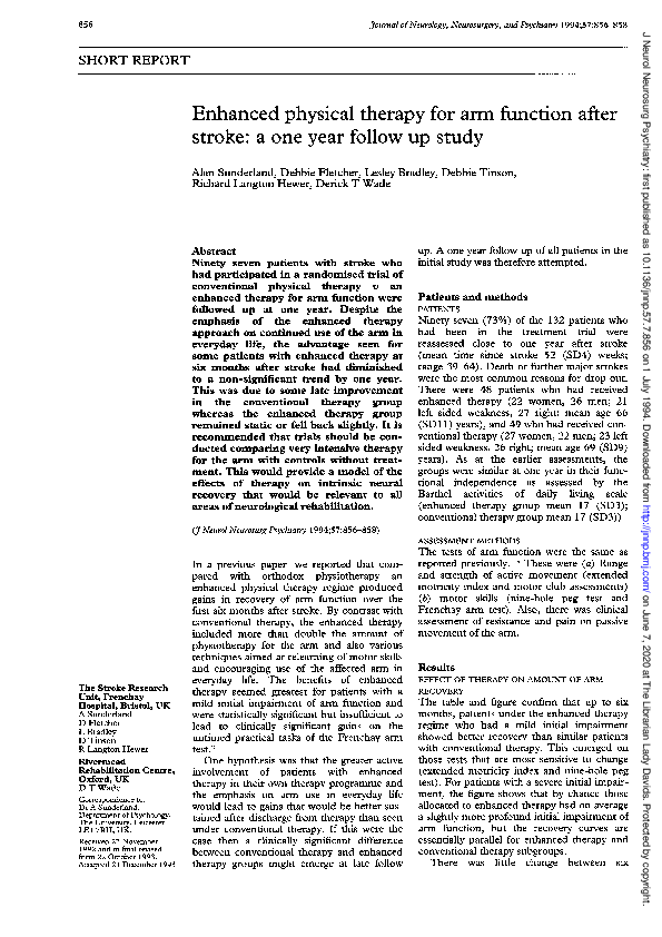 (PDF) Enhanced physical therapy for arm function after stroke a one