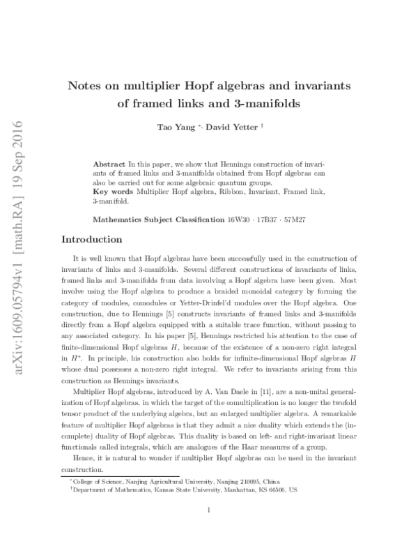 (PDF) Notes on multiplier Hopf algebras and invariants of framed links ...