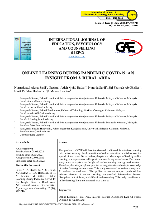 (PDF) Online Learning During Pandemic COVID-19: An Insight from a Rural ...