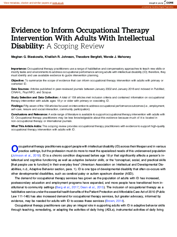 (PDF) Evidence to Inform Occupational Therapy Intervention With Adults
