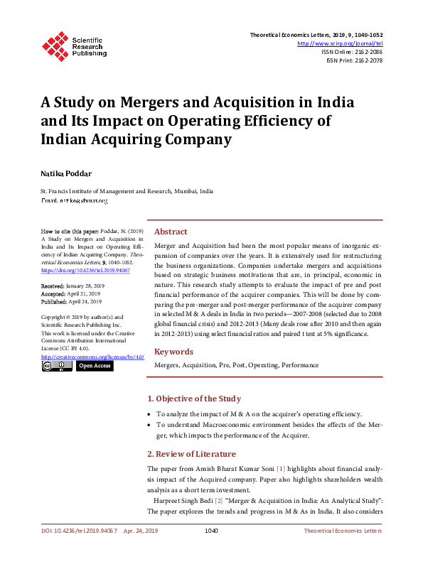 (PDF) A Study on Mergers and Acquisition in India and Its Impact on ...