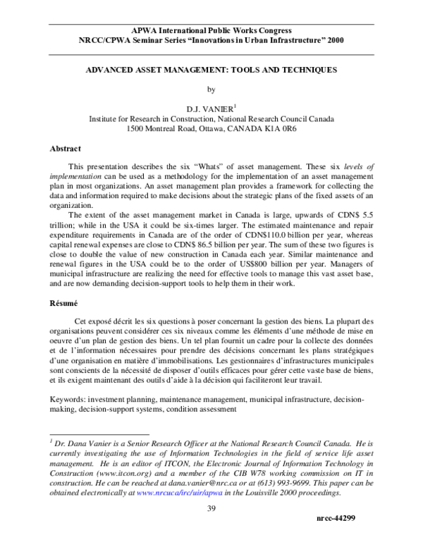 (PDF) Advanced asset management tools and techniques Dana Vanier