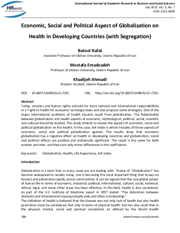 (PDF) Economic, Social and Political Aspect of Globalization on Health ...