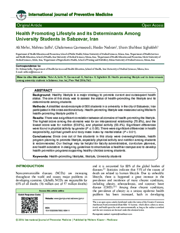 (PDF) Health promoting lifestyle and its determinants among University ...