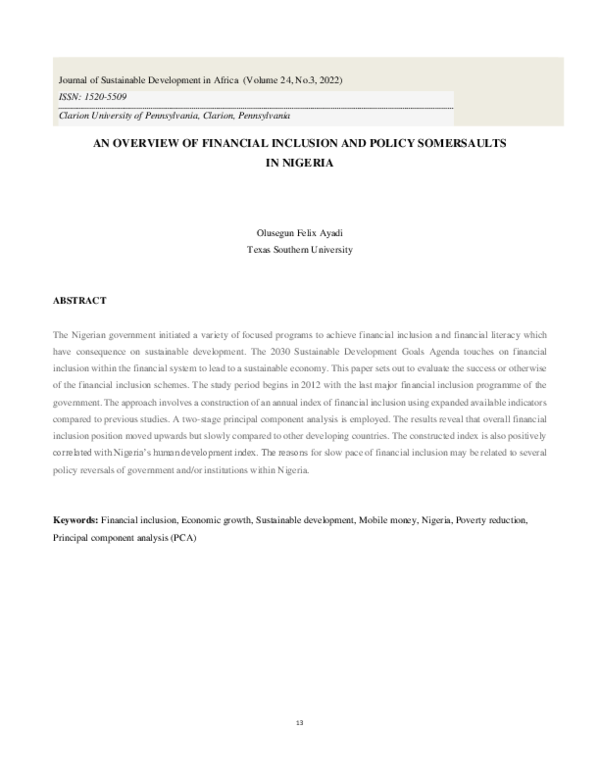 (PDF) AN OVERVIEW OF FINANCIAL INCLUSION AND POLICY SOMERSAULTS IN NIGERIA