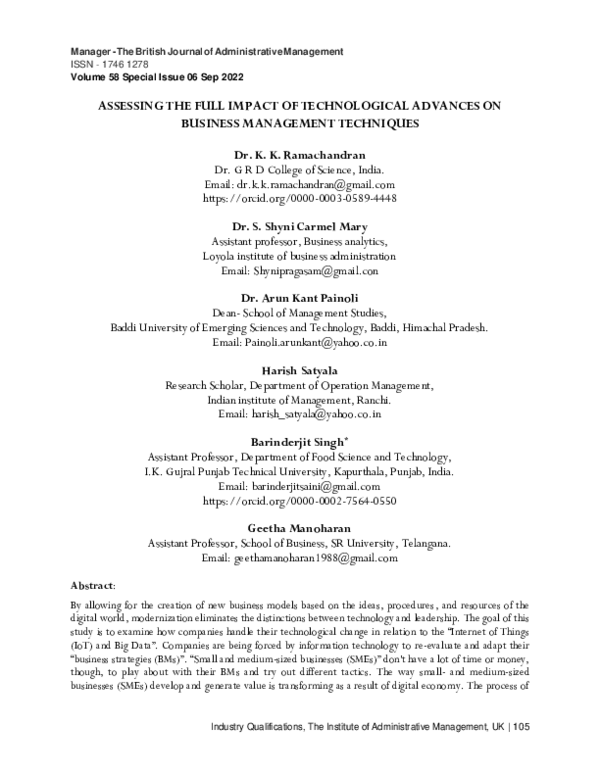 (PDF) ASSESSING THE FULL IMPACT OF TECHNOLOGICAL ADVANCES ON BUSINESS ...