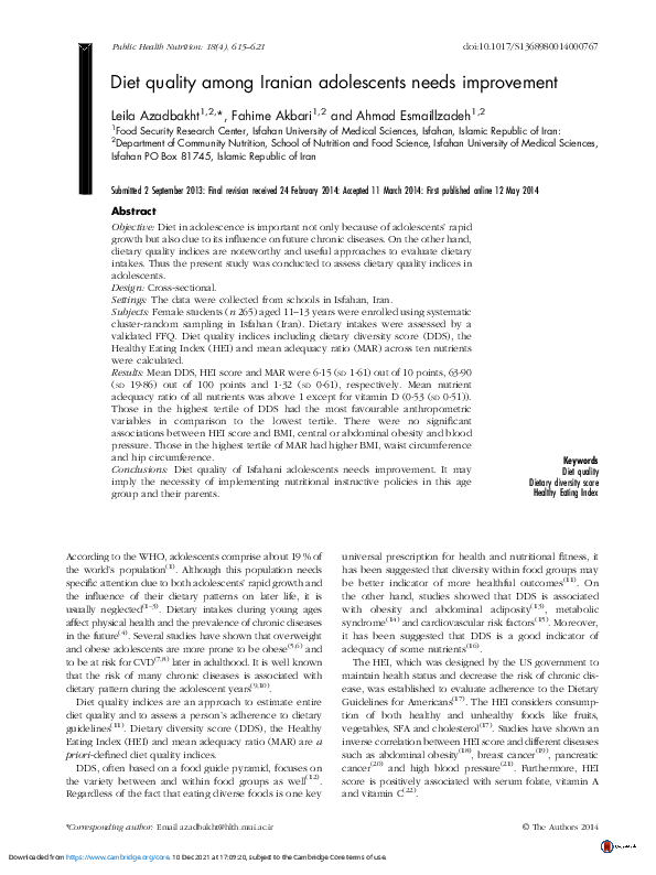 (PDF) Diet quality among Iranian adolescents needs improvement