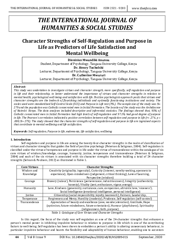 (PDF) Character Strengths of Self-Regulation and Purpose in Life as ...
