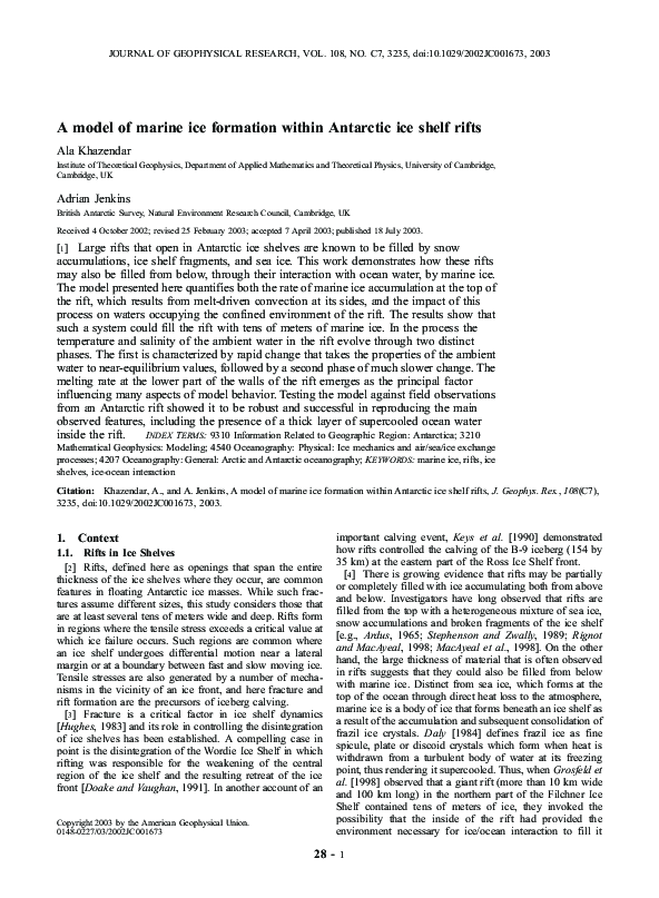 (PDF) A model of marine ice formation within Antarctic ice shelf rifts