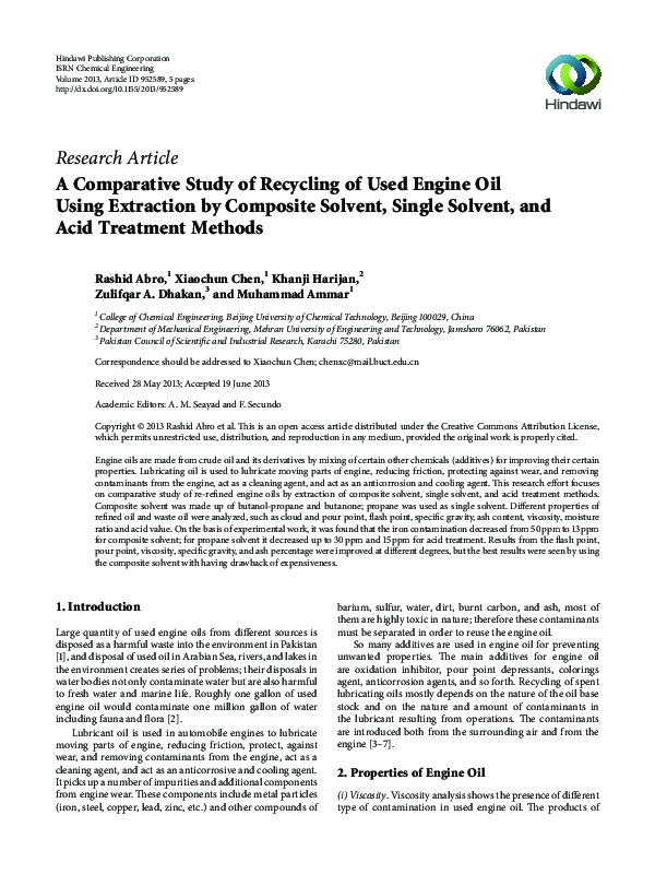 (PDF) A Comparative Study of Recycling of Used Engine Oil Using ...
