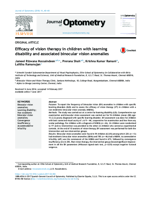 (PDF) Efficacy of vision therapy in children with learning disability