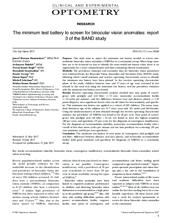 (PDF) The minimum test battery to screen for binocular vision anomalies
