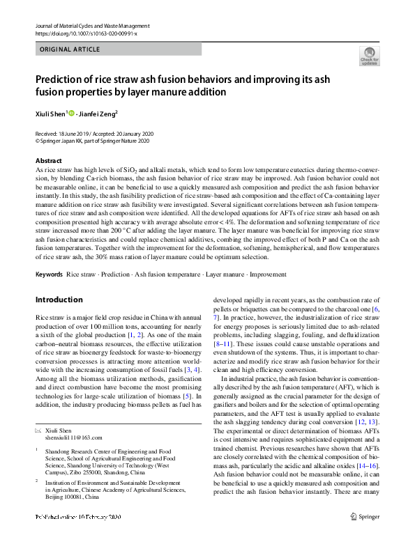 (PDF) Prediction of rice straw ash fusion behaviors and improving its ...