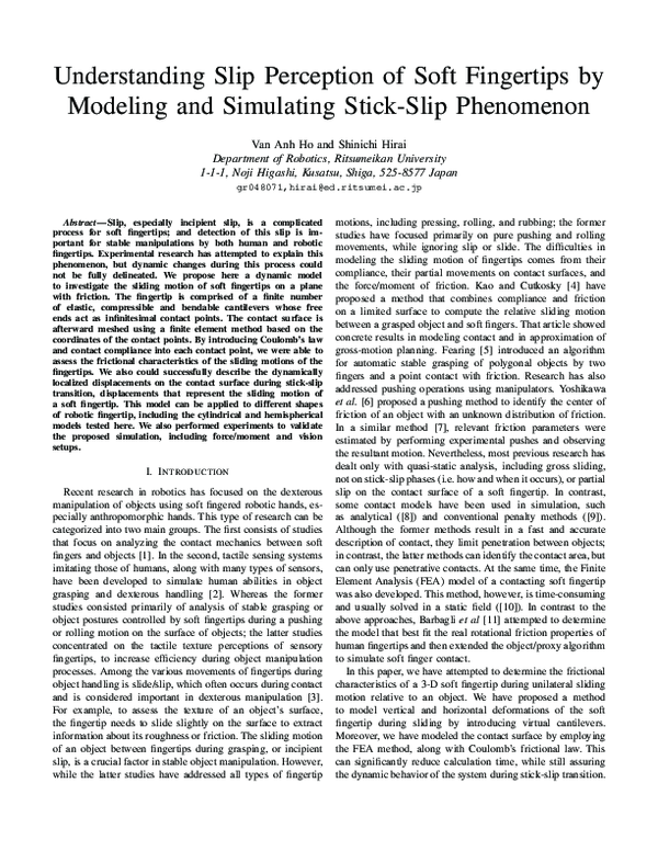 (PDF) Understanding Slip Perception of Soft Fingertips by Modeling and ...