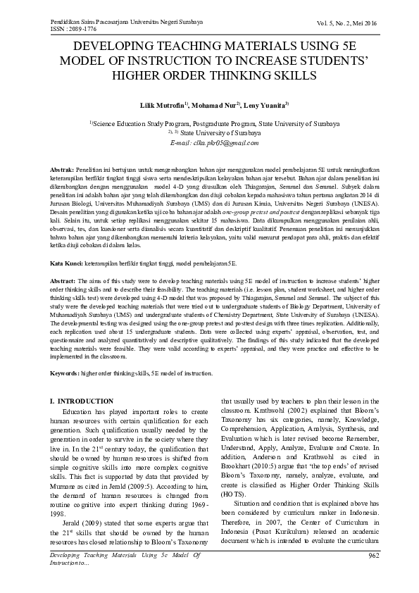 Pdf Developing Teaching Materials Using 5e Model Of Instruction To Pdf Developing Teaching Materials Using 5e Model Of Instruction To