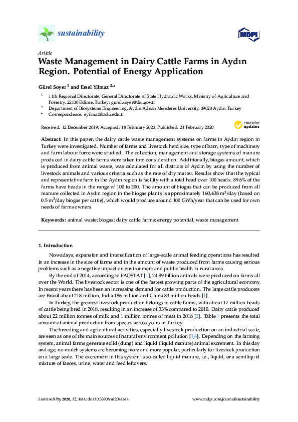 (PDF) Waste Management in Dairy Cattle Farms in Aydın Region. Potential
