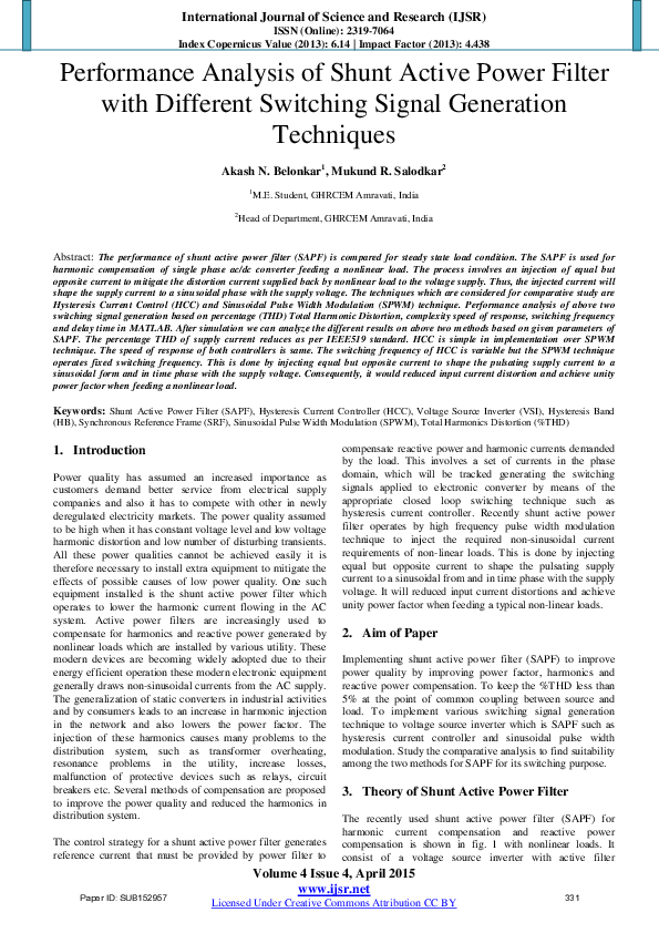 (PDF) Performance Analysis of Shunt Active Power Filter with Different ...