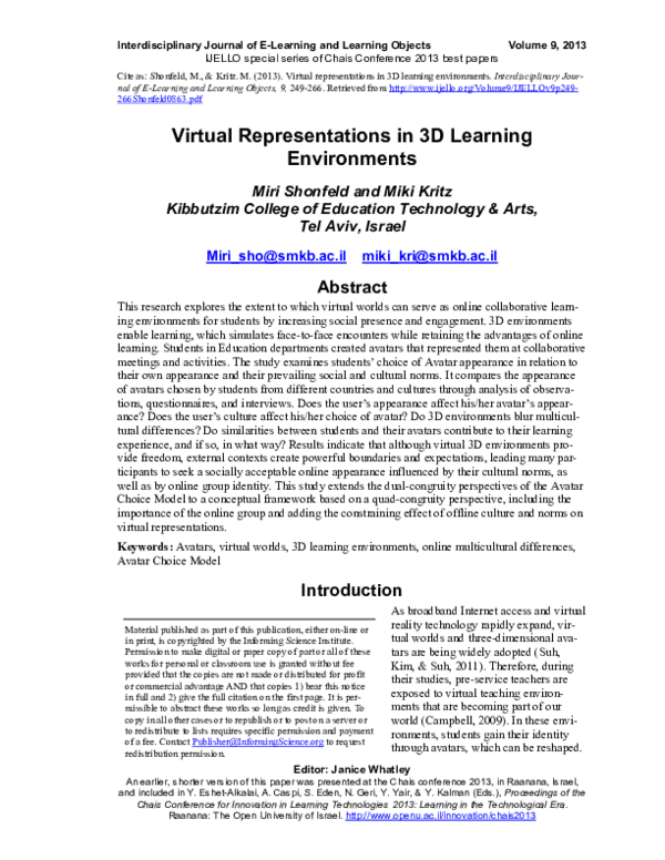 (PDF) Virtual Representations in 3D Learning Environments