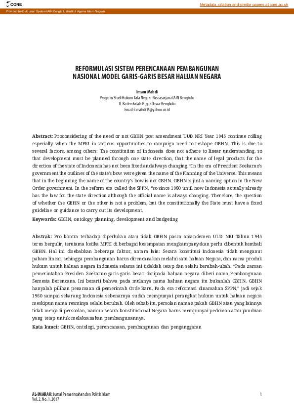 (PDF) Reformulasi Sistem Perencanaan Pembangunan Nasional Model Garis