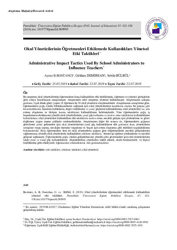 Okul Yöneticilerinin Öğretmenleri Etkilemede Kullandıkları Yönetsel Etki Taktikleri