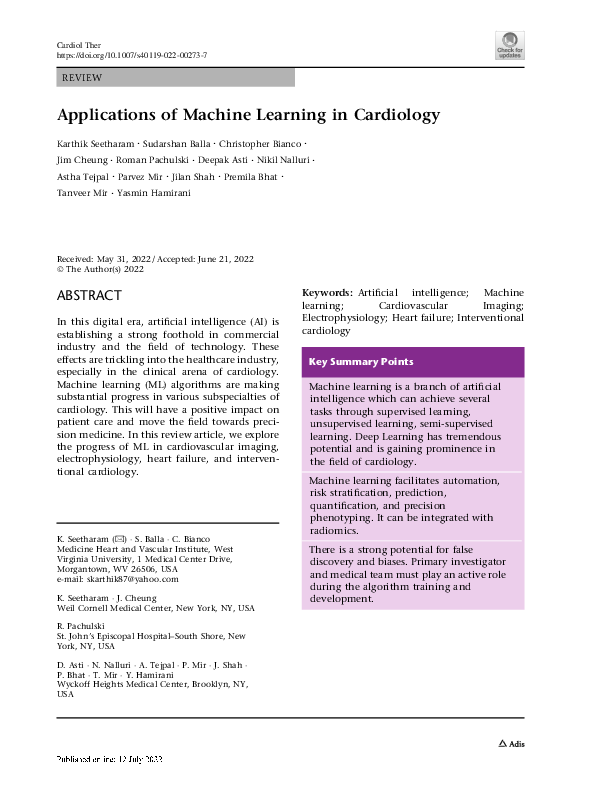 (PDF) Applications of Machine Learning in Cardiology