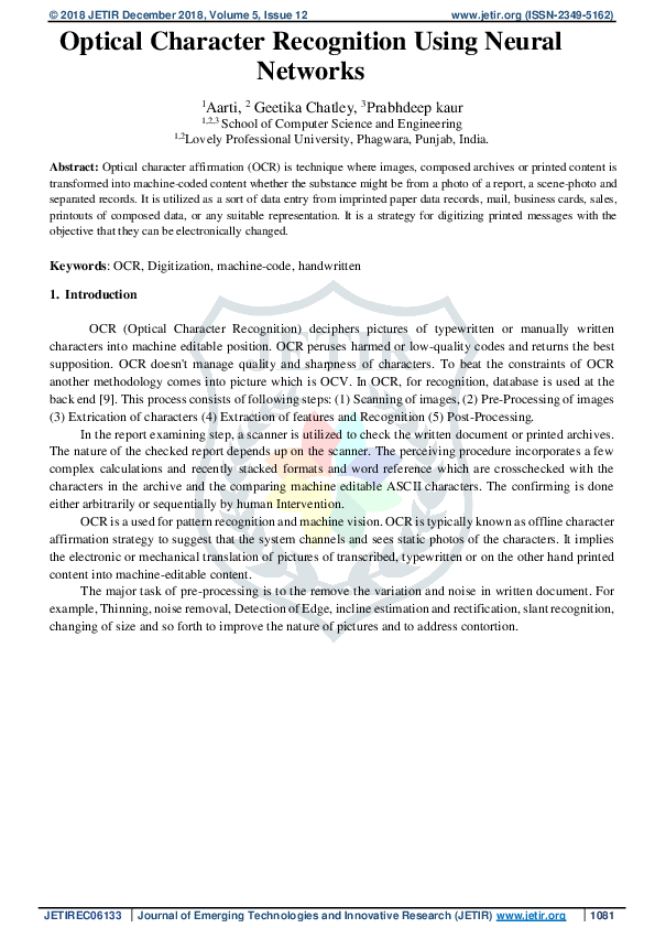 (PDF) Optical Character Recognition Using Neural Networks