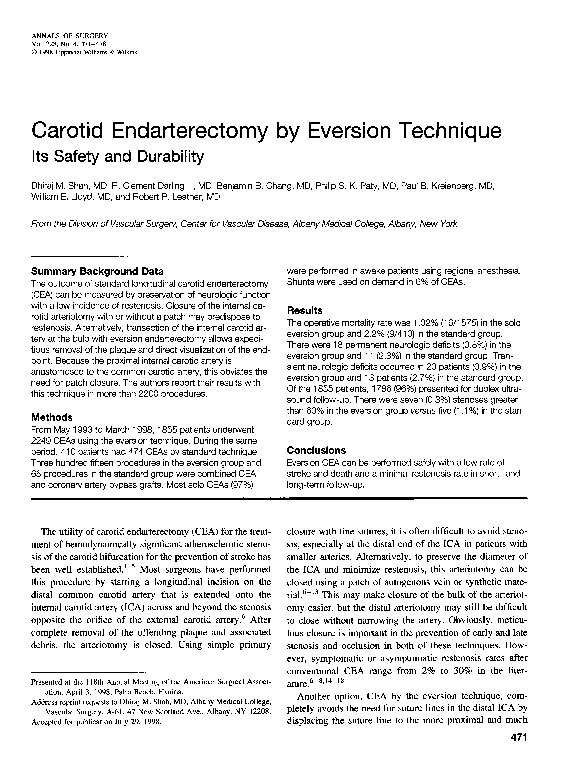 (PDF) Carotid Endarterectomy by Eversion Technique