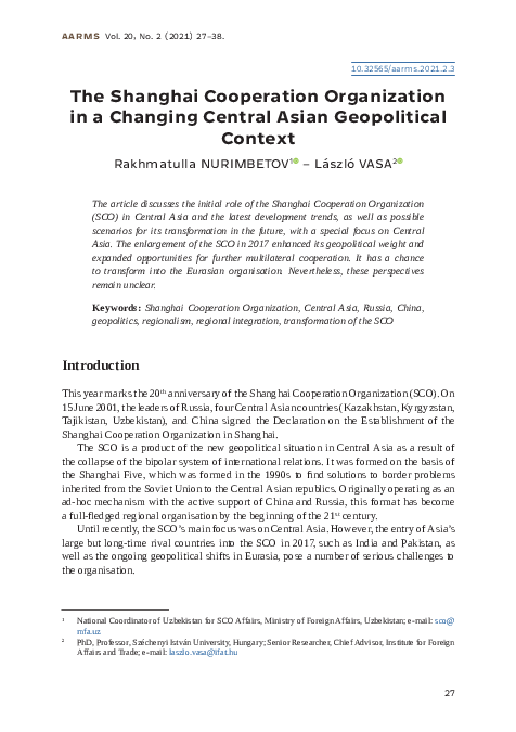 (PDF) The Shanghai Cooperation Organization in a Changing Central Asian ...