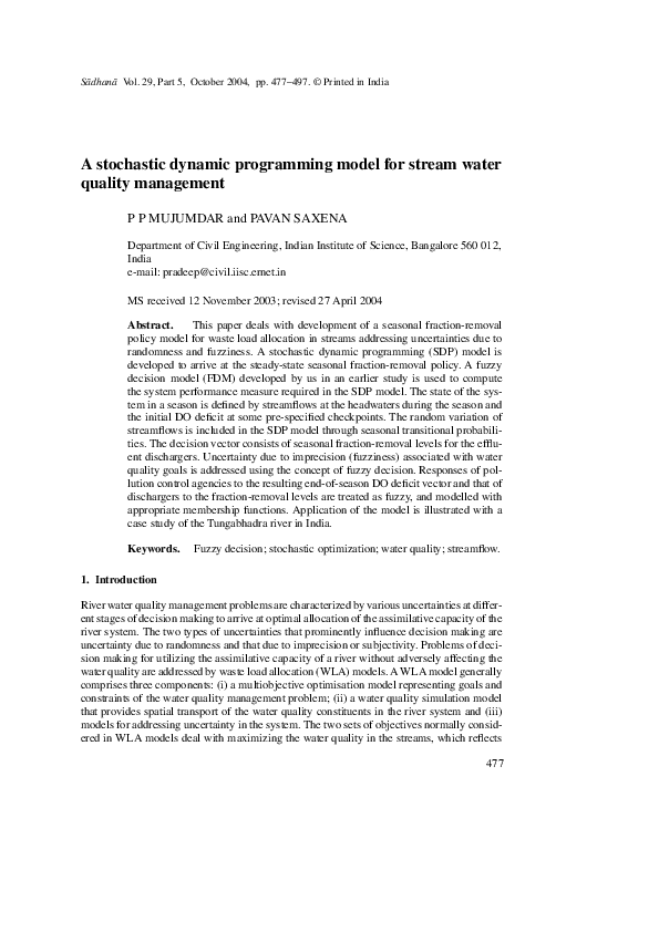 (PDF) A stochastic dynamic programming model for stream water quality ...