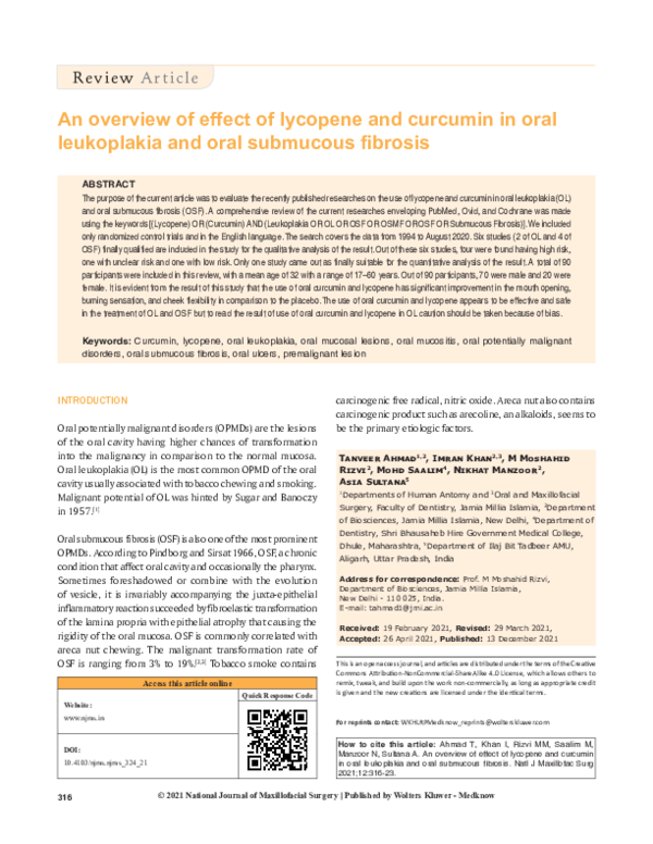 (PDF) An overview of effect of lycopene and curcumin in oral
