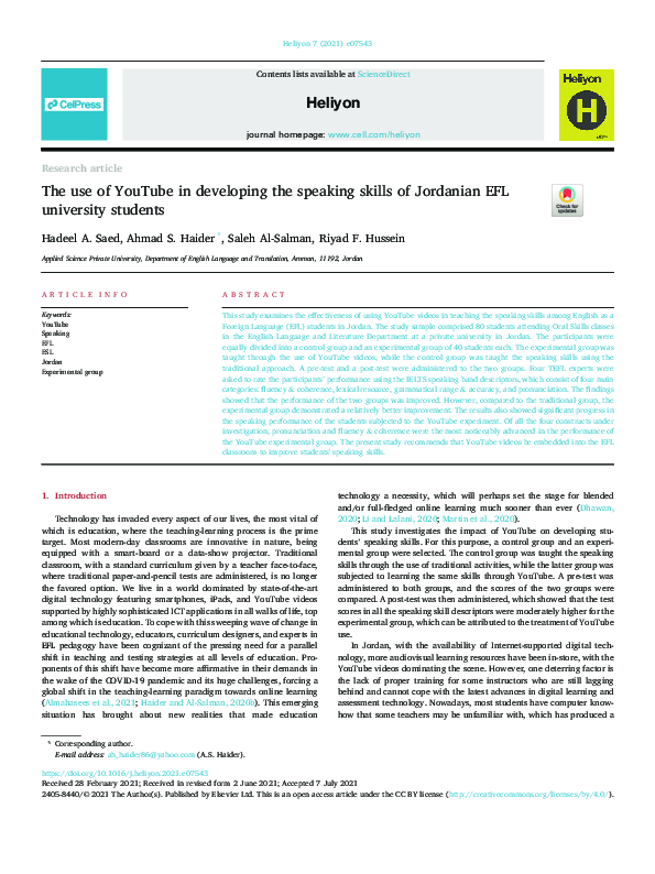 (PDF) The use of YouTube in developing the speaking skills of Jordanian ...