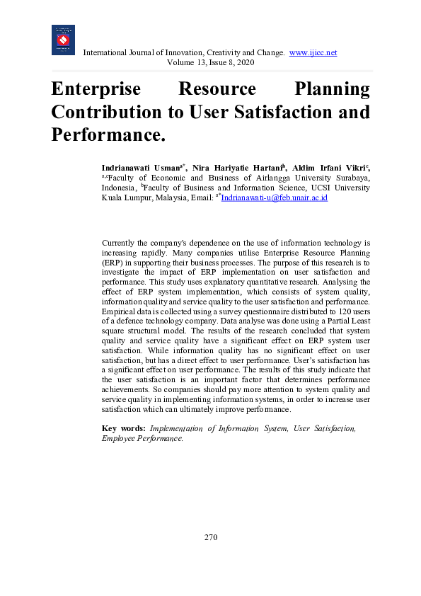 (PDF) Enterprise Resource Planning Contribution to User Satisfaction