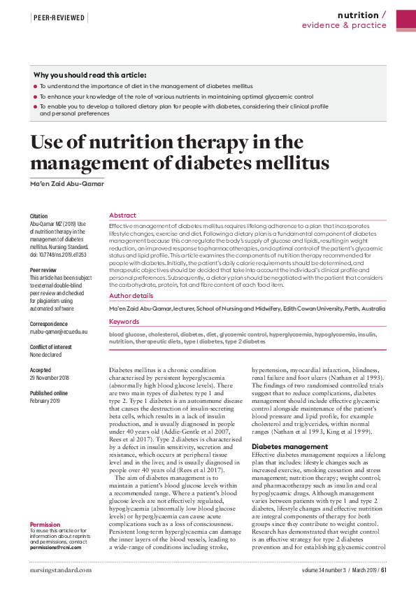 (PDF) Use of nutrition therapy in the management of diabetes mellitus