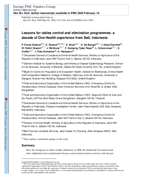 (PDF) Lessons for rabies control and elimination programmes: a decade ...
