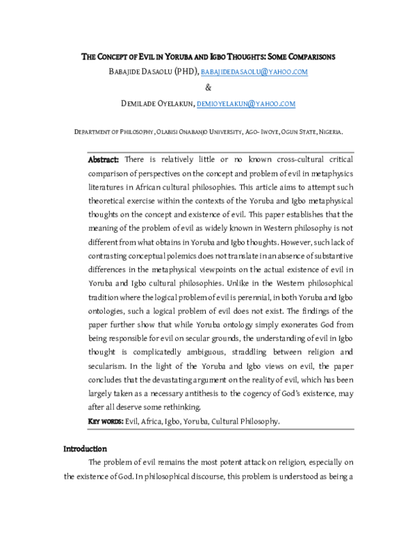 (PDF) African Conception of evil : The Yoruba Example Evil | Babajide ...