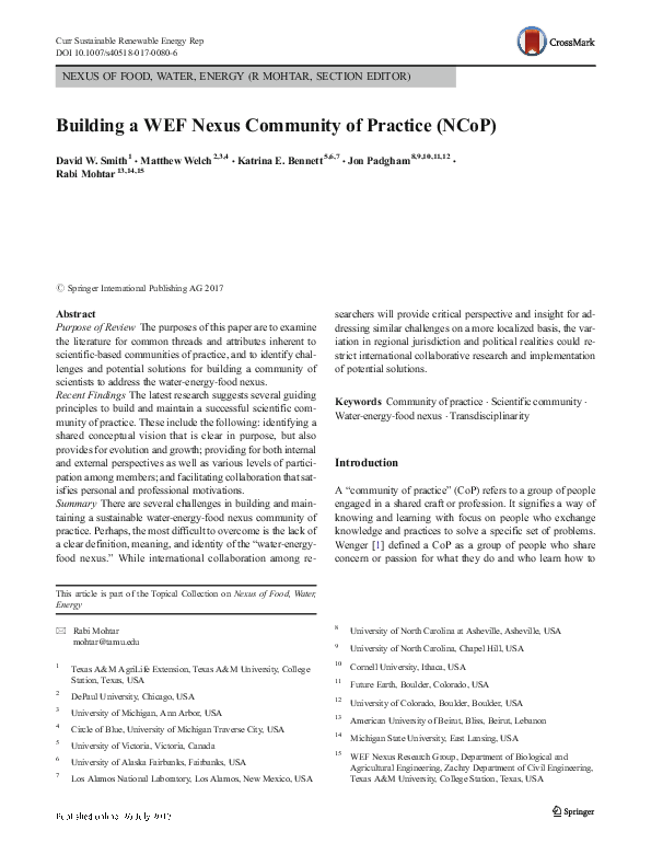 (PDF) Building a WEF Nexus Community of Practice (NCoP)
