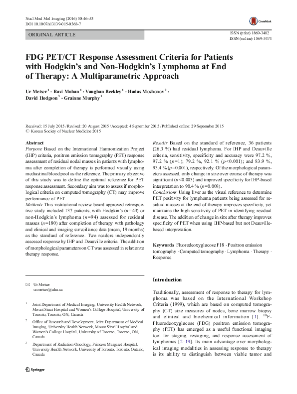 (PDF) FDG PET/CT Response Assessment Criteria for Patients with Hodgkin ...