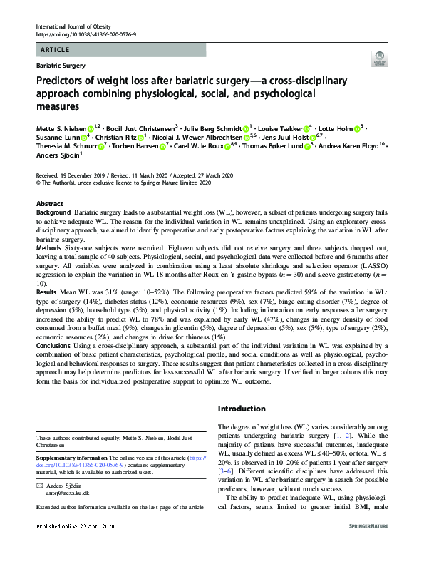 (PDF) Predictors of weight loss after bariatric surgery—a cross ...